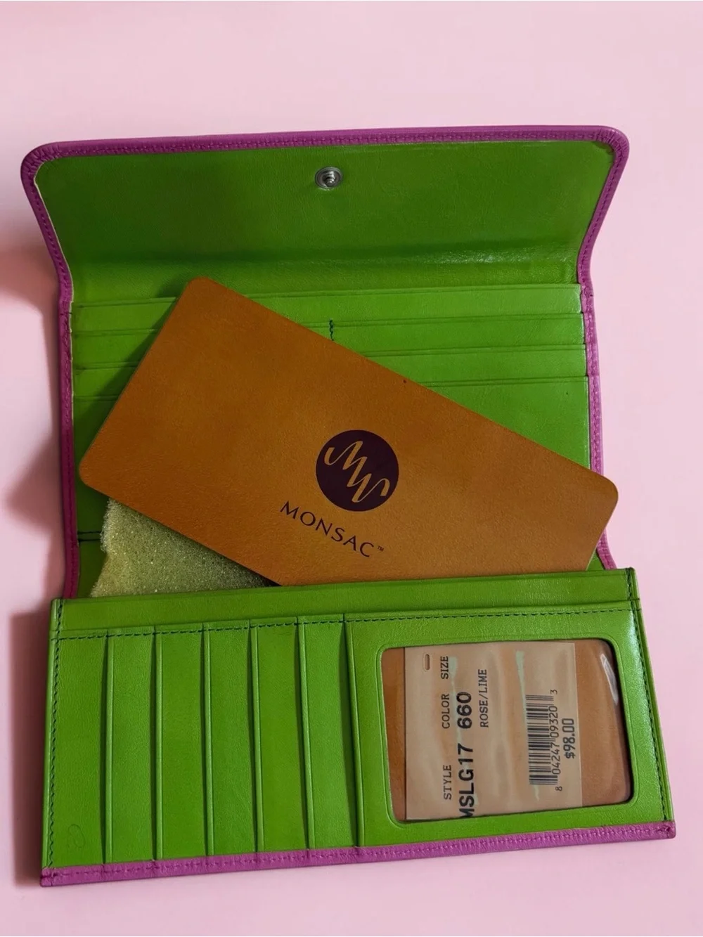 Vintage Monsac Hot Pink Lime Green Leather Tri Fold Wallet Colorblock Y2K Retro